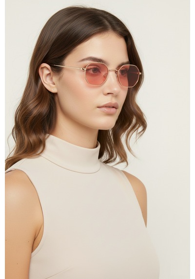 Daniel Klein Dk4183-6 Soft Pembe Küçük Altıgen Polarize Camlı Kadın Güneş Gözlüğü Gold