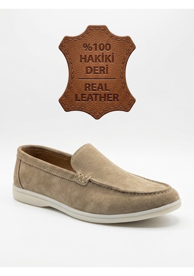 DMR Elegance Ba0252 %100 İçi Dışı Hakiki Deri Erkek Krem Süet Casual Loafer Termo Taban Ayakkabı Rekli