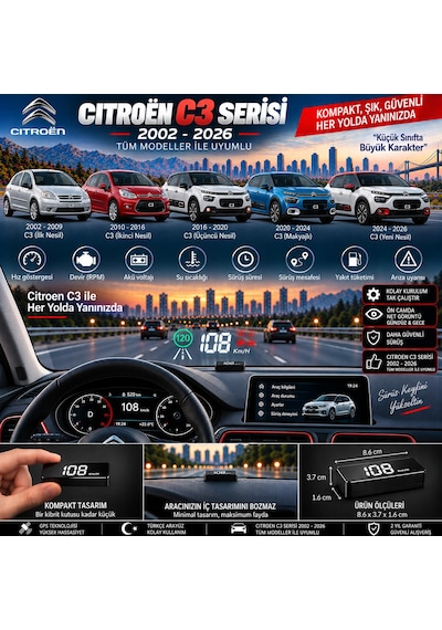 Citroën C3 2002-2026 Modeller İçin Head Up Display Hayalet Gösterge Ekranı Ön Cam Hız Göstergesi