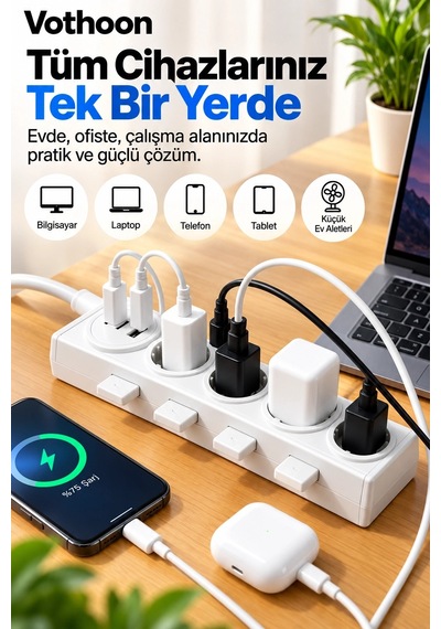 4 Lü Akıllı Priz Tek Dokunuşla Fiş Çıkarma 2 Metre Kablo 2 Type-c + Usb 15w Hızlı Şarj 3680w Krem 1