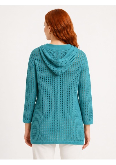 Neden Tekstil Kadın Triko Kapüşonlu Delikli Sweatshirt Turkuaz - Mavi