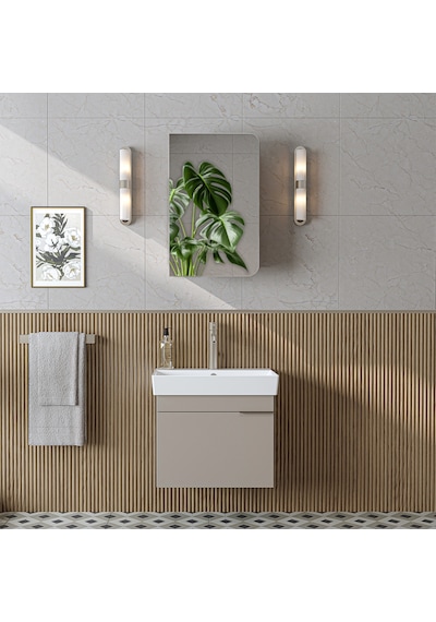 Likya Lavabolu Banyo Dolabı Takımı, Mdflam Tek Kapaklı Lavabolu 59 Cm Banyo Alt Dolabı + Üst Dolabı Kumtaşı
