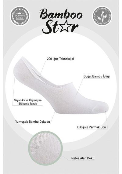 Bamboo Star Bambu Erkek Babet 3 Siyah 3 Beyaz Çorap Dikişsiz Görünmez Kaydırmaz Topuk Silikonlu Premium 6'lı Paket Siyah - Beyaz