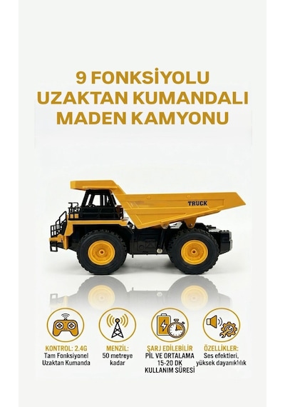 Uzaktan Kumandalı 9 Fonksiyonlu 2.4Ghz 30cm Şarjlı Sesli Işıklı Hareketli Damperli Oyuncak Kamyon