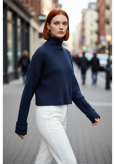 Ersefa Kadın Oversize Super Crop Balıkçı Yaka Kışlık Triko Kazak Uzun Ko Indigo