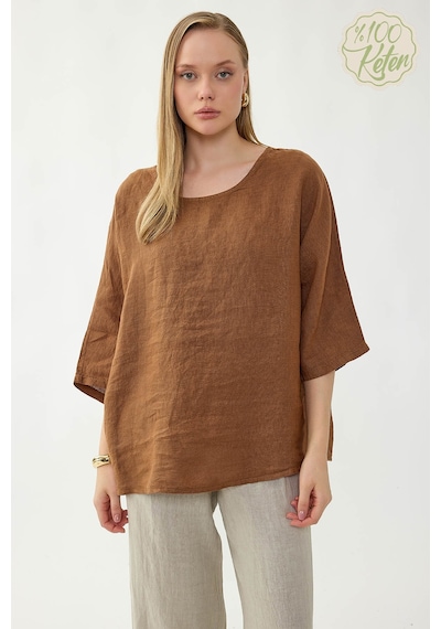 Vitrin %100 Keten Geniş Yaka Oversize Kısa Kol Bluz Açık Kahverengi