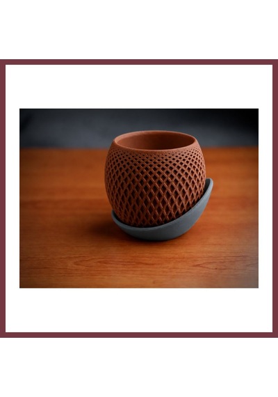 Storeşahin 3d Baskı Küre Saksı - Kafes Dokulu İki Parçalı Dekoratif Saksı - Kahverengi-gri Shn0720