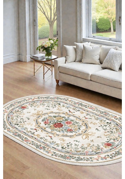Oval Vintage Gül Desenli Krem Kilim Fransız Klasik Şık Salon Oturma Odası Halısı Krem Krem