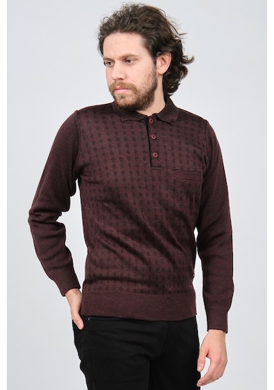Çizgi Triko Erkek Cep Detaylı Polo Yaka Desenli Kazak 42544216 Bo Bordo