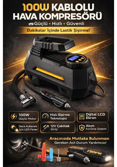 100w 150 Psı Kablolu Hava Kompresörü Dijital Ekranlı Hızlı Lastik Şişirme Pompası 12v