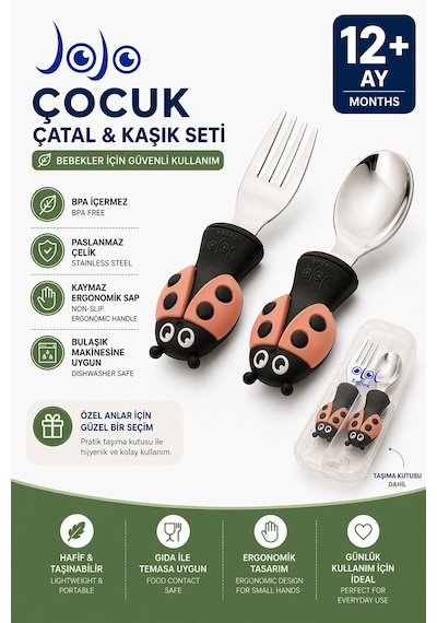 Uğurböceği Premium Çocuk Bpa'sız Silikon Saplı Paslanmaz Çelik Uçlu Çatal-kaşık/saklama Kutusu 9+ay Siyah - Pembe