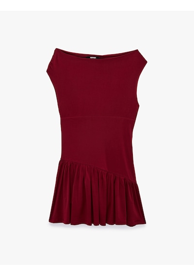 Koton Sandy Kumaş Kolsuz Omzu Açık Asimetrik Madonna Yaka Mini Elbise Bordo 7wak80048ek