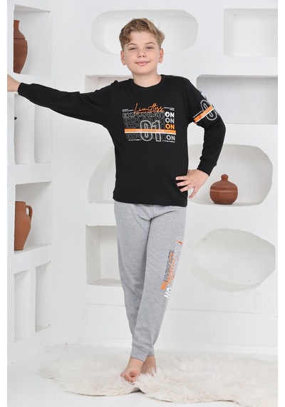 Modanino Erkek Çocuk Baskılı %100 Pamuk İnterlok Kumaş Pijama Takımı 12446 Siyah