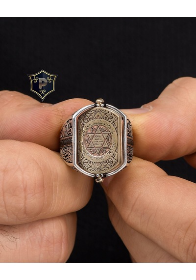 Hz. Süleyman Mührü Ve Ayetel Kürsi Çift Tarafli 925 Ayar Gümüş Erkek Yüzüğü