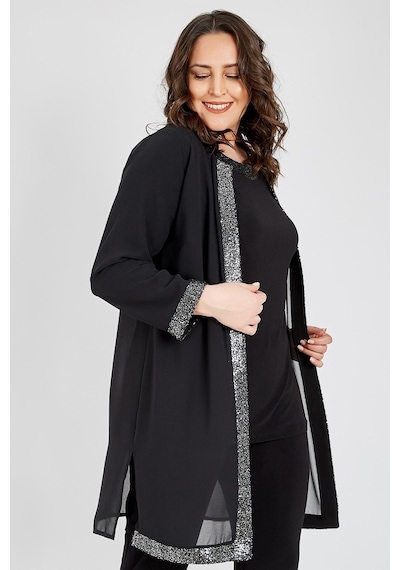 Ladies First Büyük Beden 3717 Siyah Gümüş Ceket+Bluz Ikili Takım