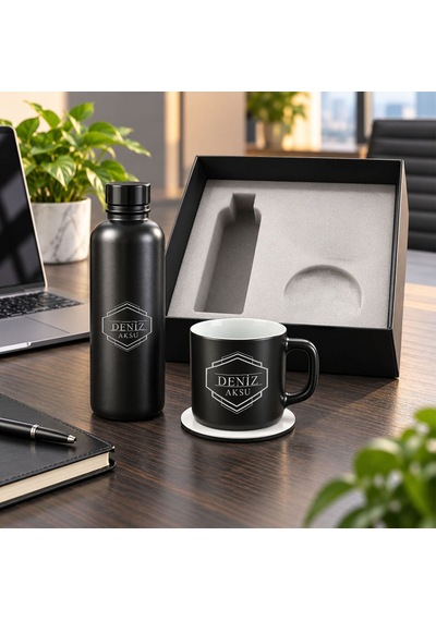 Bk Gift Kişiye Özel İsimli Siyah Cam Suluk & Seramik Kupa & Mdf Bardak Altlığı - 3'lü Hediye Kutulu Set-3