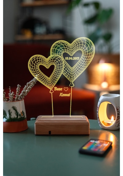 Kişiye Özel 3D 2 Kalpli Balon Masaüstü Led Lamba
