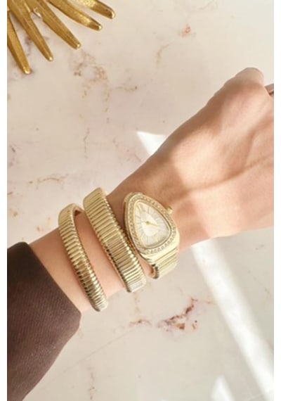 Kora Taşlı Gri Kadran Gold Kordon Yılan Model Kadın Kol Saati Altın