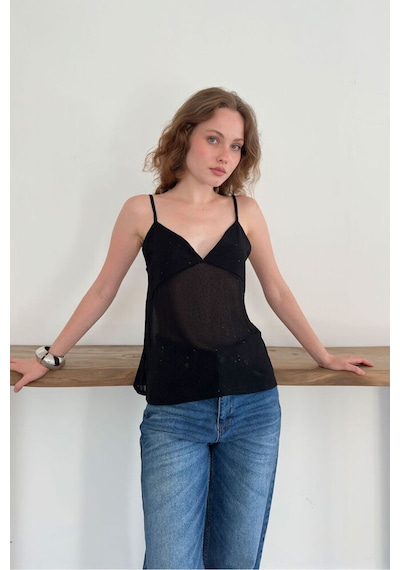 Verymoda Serpme Taşlı Askılı Şifon Bluz D3102 Siyah