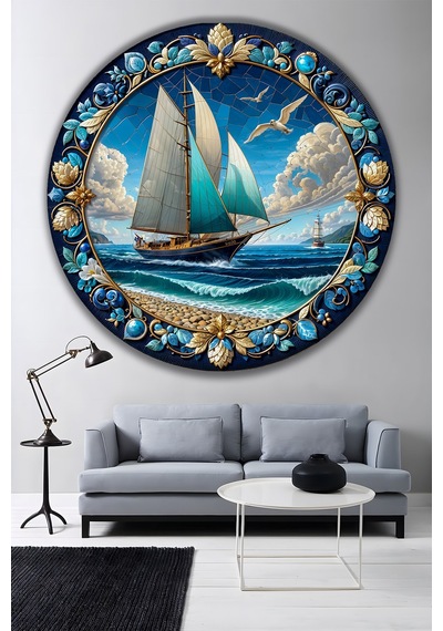 Mozaik Desenli Yelkenli Gemi Deniz Temalı Yuvarlak Temperli Cam Tablo Lüks Gold Detaylı Duvar Dekoru Deniz Temalı Dekoratif Duvar Tablosu, Salon, Ofis Ve Yazlık Dekoru, 80x80 Cm