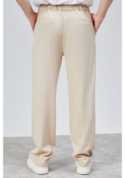 HLT Jeans Erkek Bej Çift Pileli Rahat Kesim Beli Lastikli Bol Paça Baggy Pantolon Albert-1991 Bej