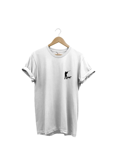 Hunting Avcılık Minimal Av Köpeği Ve Avcı Baskılı %100 Pamuk Regular Fit Unisex T-shirt Beyaz
