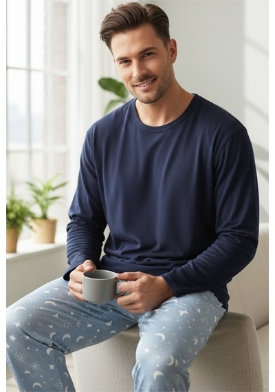 Siyah İnci Uzun Kollu Pamuklu Örme Pijama Takım 7972 Mayi Ay Yıldız