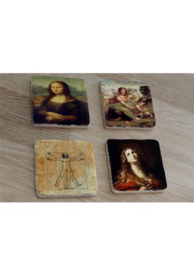 Leonardo Da Vinci Monalisa Ve Eserleri Doğal Taş Bardak Altlığı 4'lü Set - Natural Stone Coasters - Taş Çok Renkli