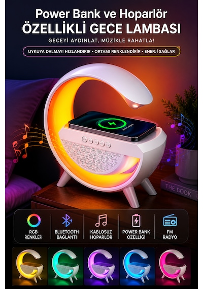 Forlife Fl-8093 G Tasarım Akıllı Gece Lambası Wireless Şarjlı Bluetooth Speaker 321-6 Beyaz