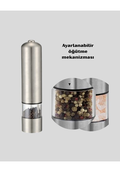 Modern Otomatik Baharat Öğütücü Seti Pilli Paslanmaz Çelik Led Aydınlatmalı Gri
