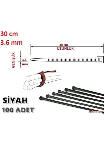 Pemsan 100 Adet 30cm X 3.6mm Plastik Cırt Kelepçe Siyah,kablo Bağı 30cm