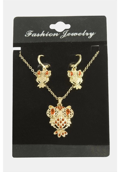 Baykuş Zirkon Taşlı Set Kolye Çok Renkli