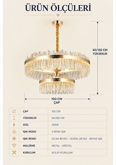 Modern Premıum Gold Ledli Avize 3 Renk Ayarlı Lüks Salon Yemek Odası Avizesi 256w