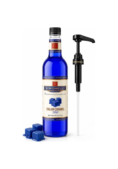 Simonelli İtalyan Karamel Aromalı Kahve ve Tatlı Şurubu 700 ML + Şurup Pompası - Latte Frappe Sıcak Soğuk Kahve Aromalandırıcı