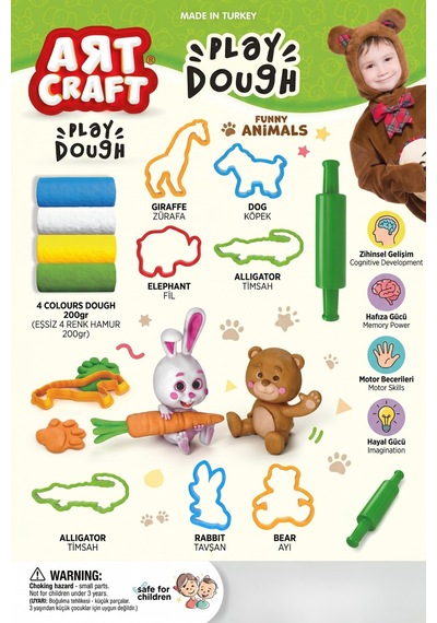 Art Craft Funny Animals Eğitici Oyun Hamuru Seti 4 Renk 200 Gr Hayvan Kalıplı 3+ Yaş Çok Renkli