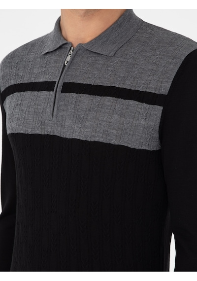 Cacharel Siyah Slim Fit Polo Yaka Fermuarlı Triko Kazak