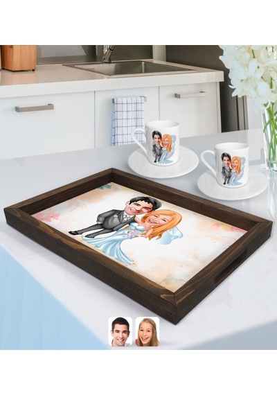 Kişiye Özel Evleniyoruz Karikatürlü Doğal Ahşap Tepsi Ve 2 Li Kahve Fincan Seti-5