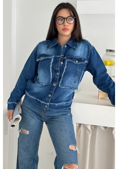 Femelle Kadın Mavi Saçaklı Dikiş Detaylı Oversize Denim Kot Ceket