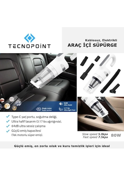 Tecnopoint Kablosuz Araç Içi Süpürge 80w, Güçlü Emiş, Type-c Şarjlı, Ultra Sessiz, Hafif Tasarım Diğer