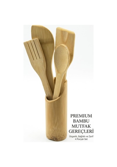 Ahşap Bambu Mutfak Seti 5 Parça Stand İle Kaşık Çatal Spatula