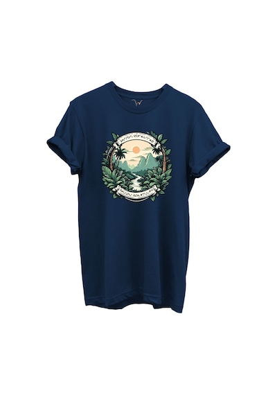 Tropikal Orman Ve Dağ Manzaralı Hunting Doğa Temalı %100 Pamuk Regular Fit Unisex T-shirt Lacivert