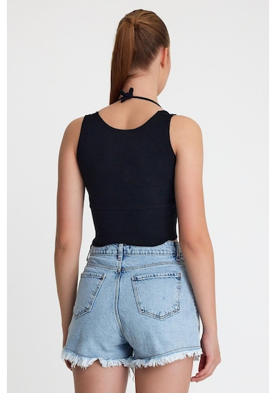 Polo State Kadın Ense Biye Detaylı Crop Siyah