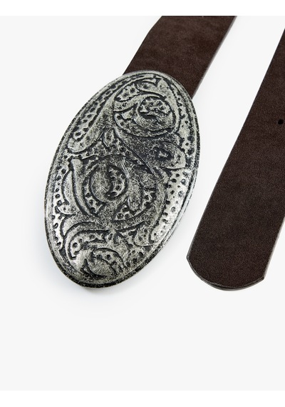 Koton Kabartmalı Desenli Oval Tokalı Suni Deri Kemer Kahverengi 7wak10071aa Kahve