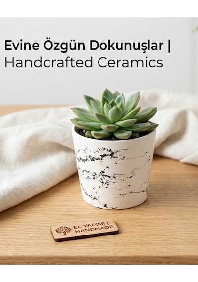 Tr 2'li Seramik Saksı/dekoratif Kupa Seti Beyaz Siyah Desenli Modern Dekoratif El Yapımı Tasarım - 10 Cm Diğer
