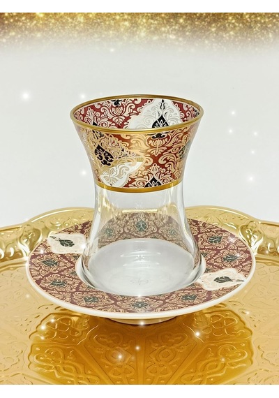 Altın Bordo Desen Işlemeli 6 Kişilik Cam Porselen Çay Seti Tea Set For 6 Persons Premium Porcelain Diğer