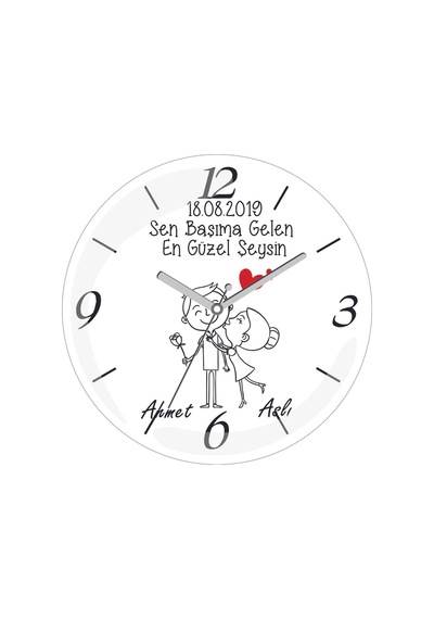 Kişiye Özel Sevgililer Günü Başıma Gelen Çap 30 Bombeli Gerçek Cam Duvar Saati Siyah