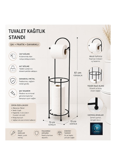Premium Lüks Siyah Metal Tuvalet Kağıtlık Standı Yedek Rulo Bölmeli 61 Cm
