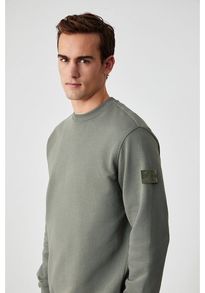 Grimelange OLLIE Erkek Bisiklet Yaka Regular Uzun Kollu Nakış Detaylı Haki Sweatshirt