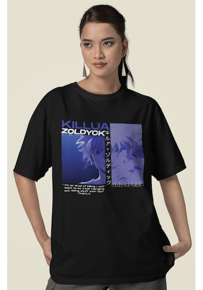 Killua Zoldyck Hunter X Hunter Baskılı Unisex Oversize Anime Tişö Siyah