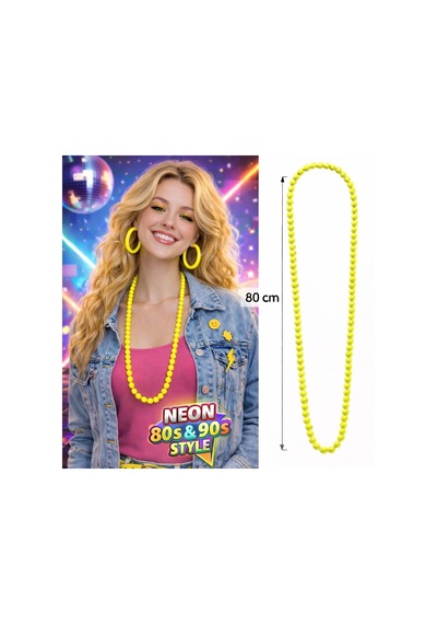 Neon Sarı Boncuk Kolye 80 Cm Retro 80 Ler 90 Lar Parti Aksesuarı